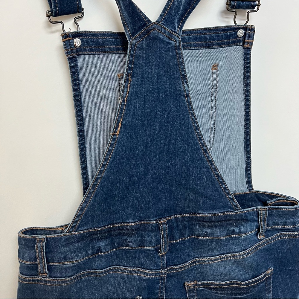 Y2K Vintage Overalls Short Dark Wash Distressed Denim Wax Jeans Large - Picture 7 of 10